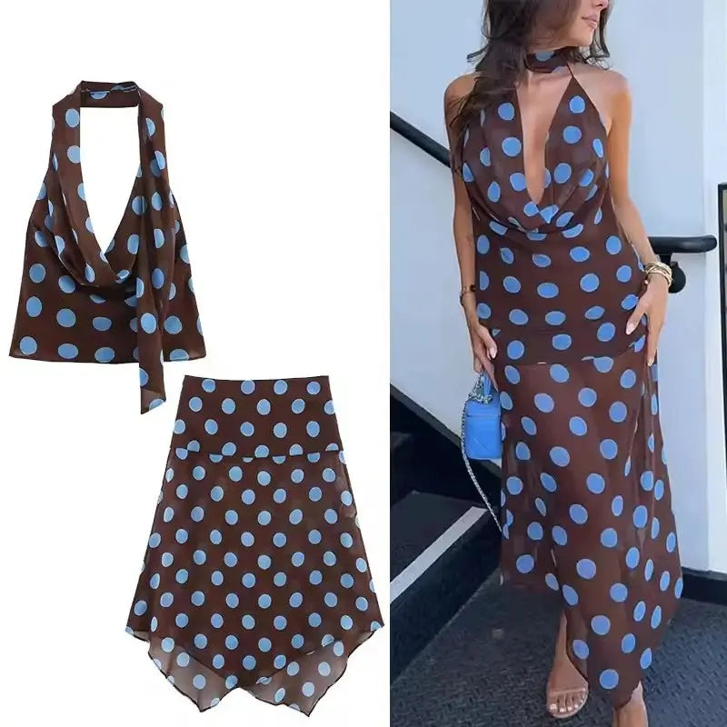 Polka Dot Midi Skirt Two Piece Set for Women Halter Top Beachwear 2026