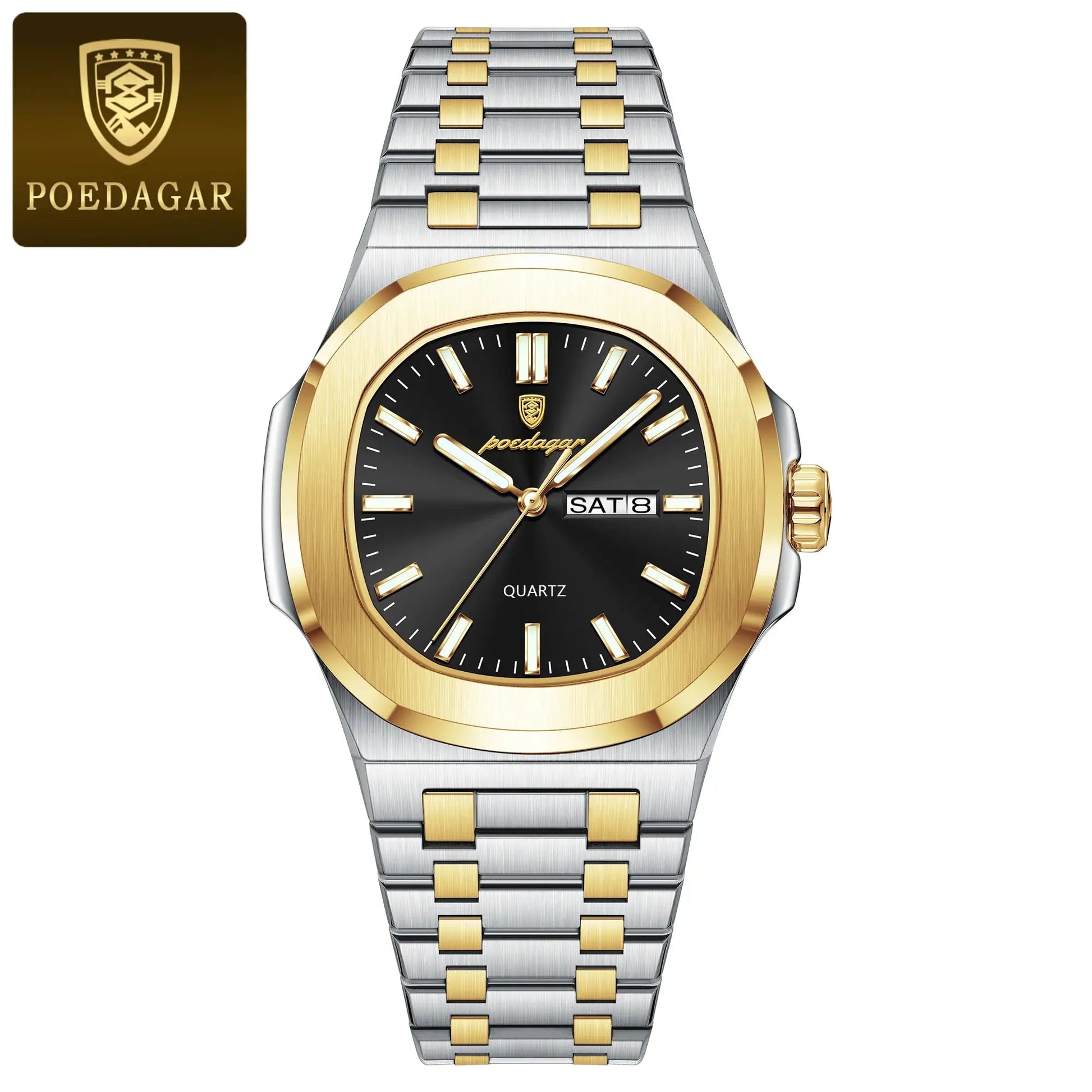 POEDAGAR men's luxury wristwatch with two-tone stainless steel bracelet, black dial, date window, gold bezel.