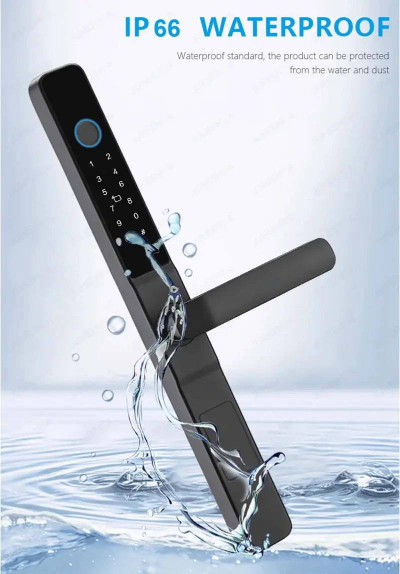 Waterproof IP66 sliding door smart lock, black aluminum with keypad and fingerprint sensor