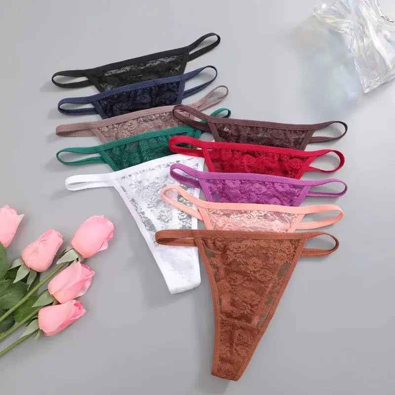 7-piece women's lace thong set in assorted colors with floral lace by Simples Market