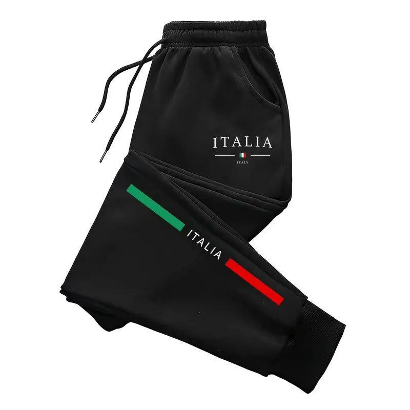 Italy-print sweatpants for men by Simples Market, black joggers with drawstring waist and Italian flag accents