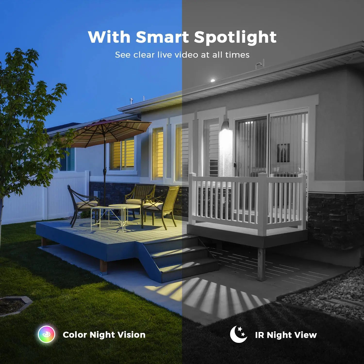 BESDER outdoor WiFi security camera with a split view: color night vision on the left and IR night view on the right