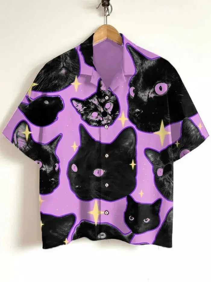 Men's cat-graphic short-sleeve button-down Hawaiian shirt in purple with black cat faces and yellow stars
