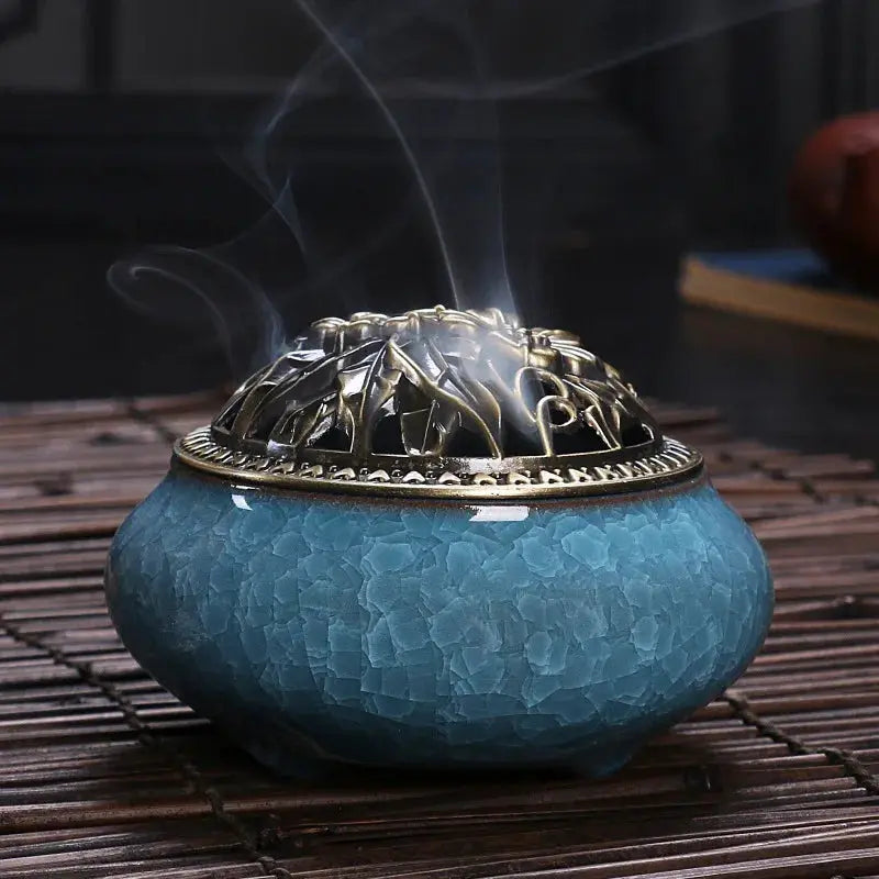 Ceramic Ice Crack Plate Incense Burner With Antique Copper Cover Aroma Diffuser Home Decor