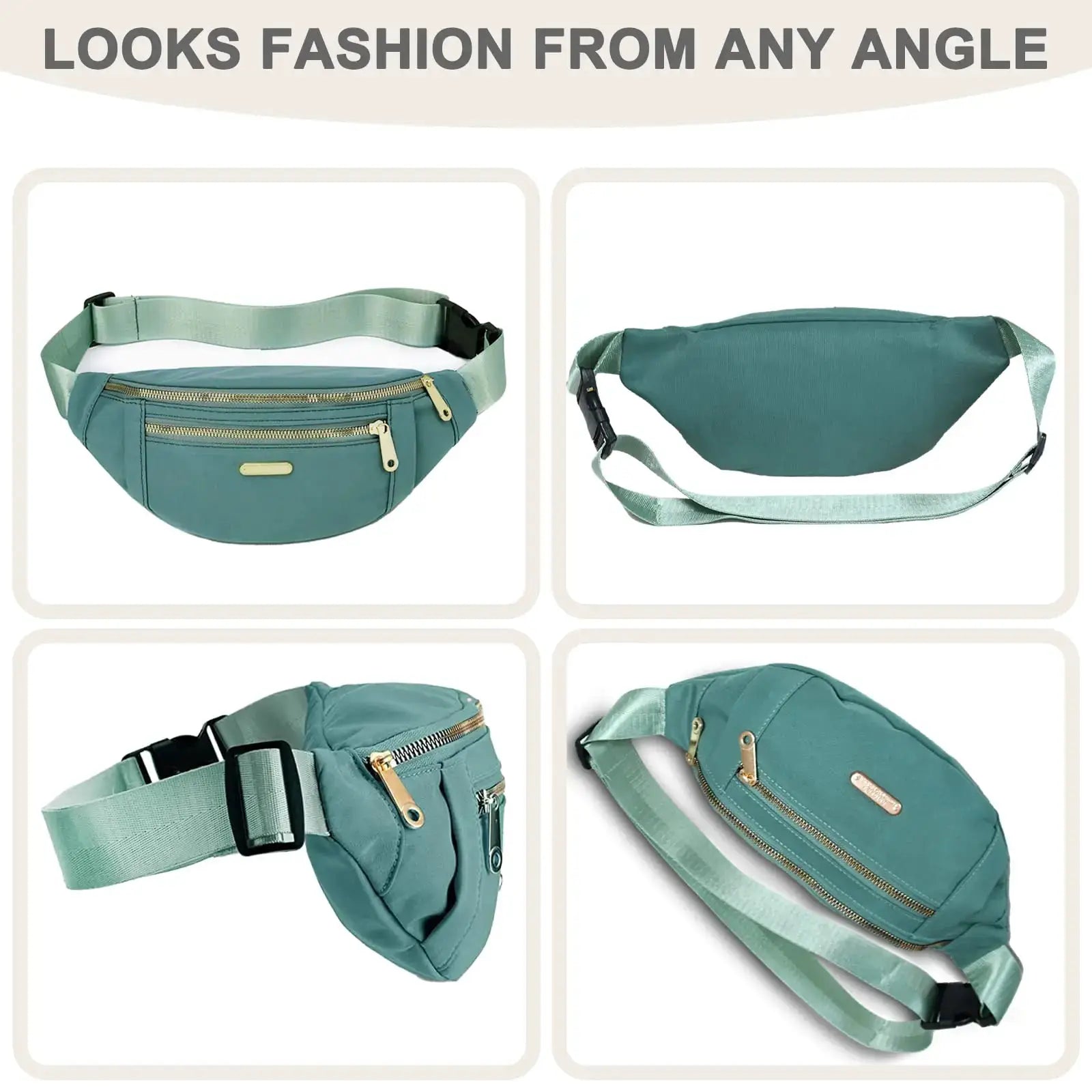 Fanny pack by Simples Market in teal with gold zippers and an adjustable strap