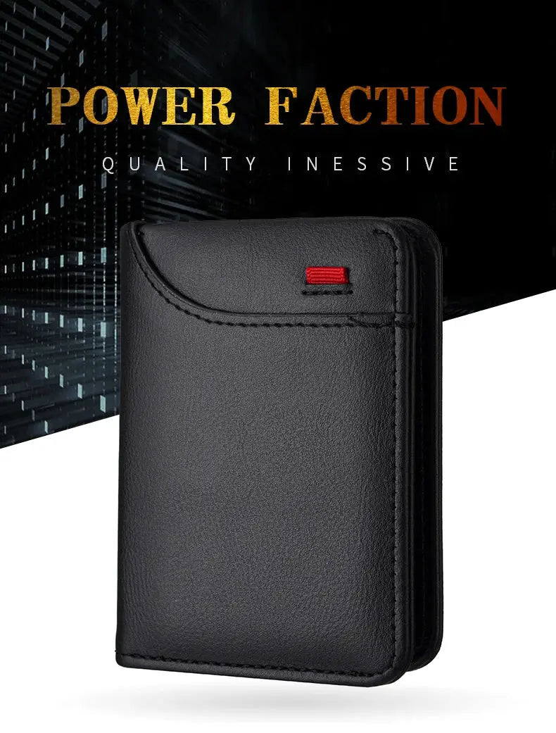 Black leather vertical card wallet with multiple card slots; compact design
