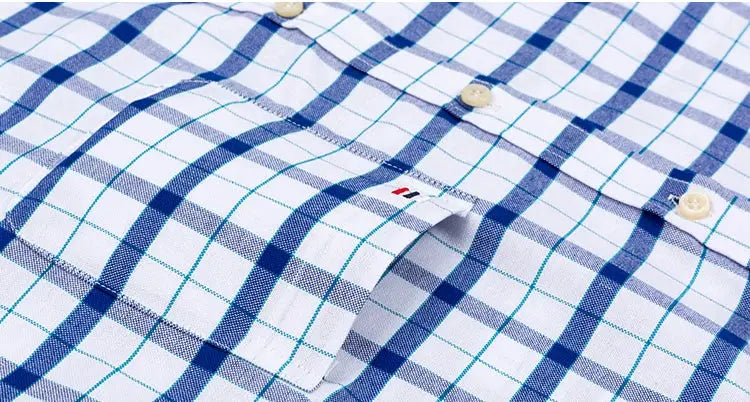 Simples Market men's 100% cotton oxford plaid shirt, long sleeve in blue/white