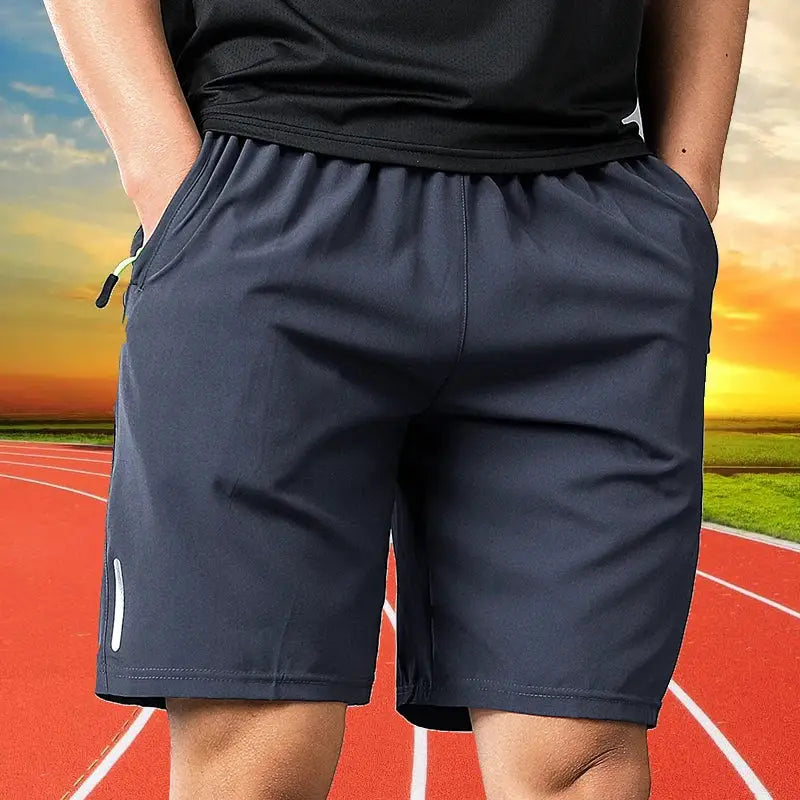 Men's quick-dry running shorts in navy, lightweight breathable athletic bottoms with neon drawstring