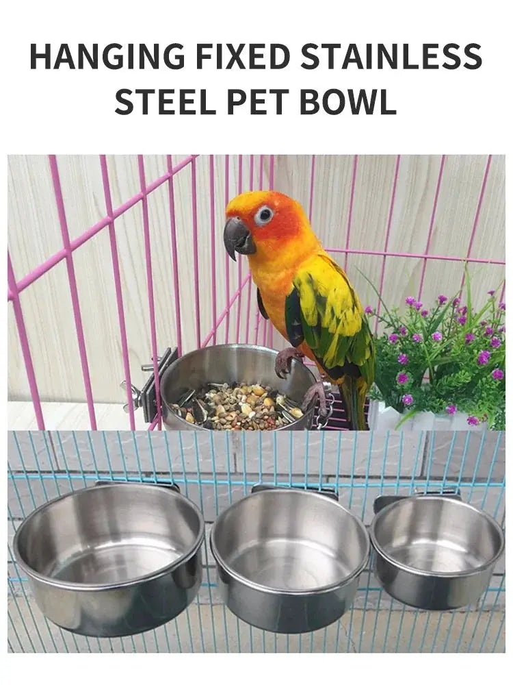 Parrot feeding cups by Simples Market; stainless steel bowls with clamp holder (set of 3)