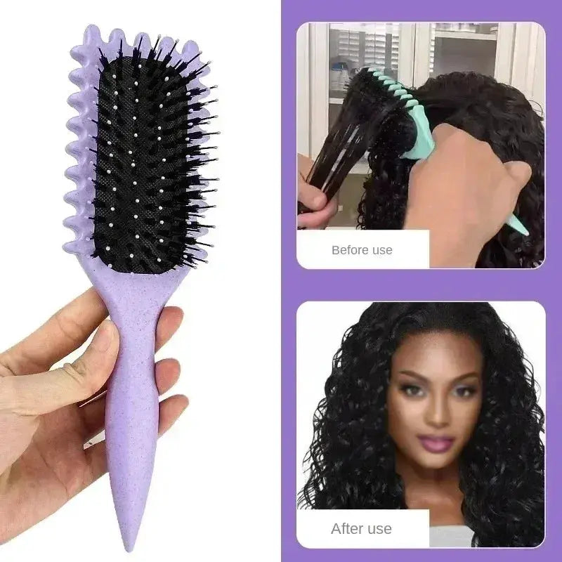 Curly hair styling brush with lavender handle and black bristles; tangle-free shaping comb for men and women's curls.