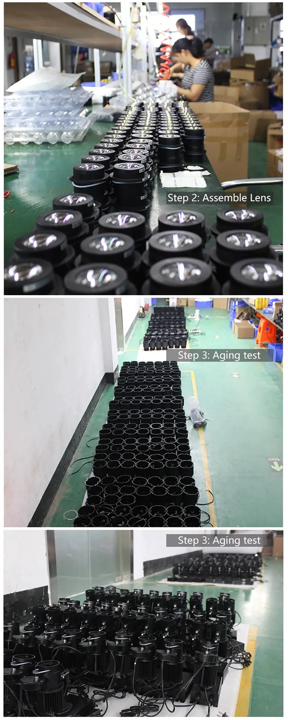 Advertising gobo projectors on an assembly line; numerous black cylindrical LED units.