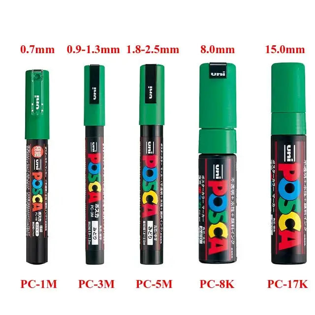 Uni Posca paint marker pens set of 5 with green caps in original vinyl pen case PC-1M/PC-3M/PC-5M/PC-8K/PC-17K