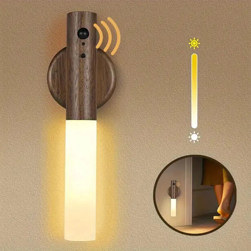 LumaWood Rechargeable Magnetic Wall Sconce Wireless Night Light With Motion And Daylight Sensors