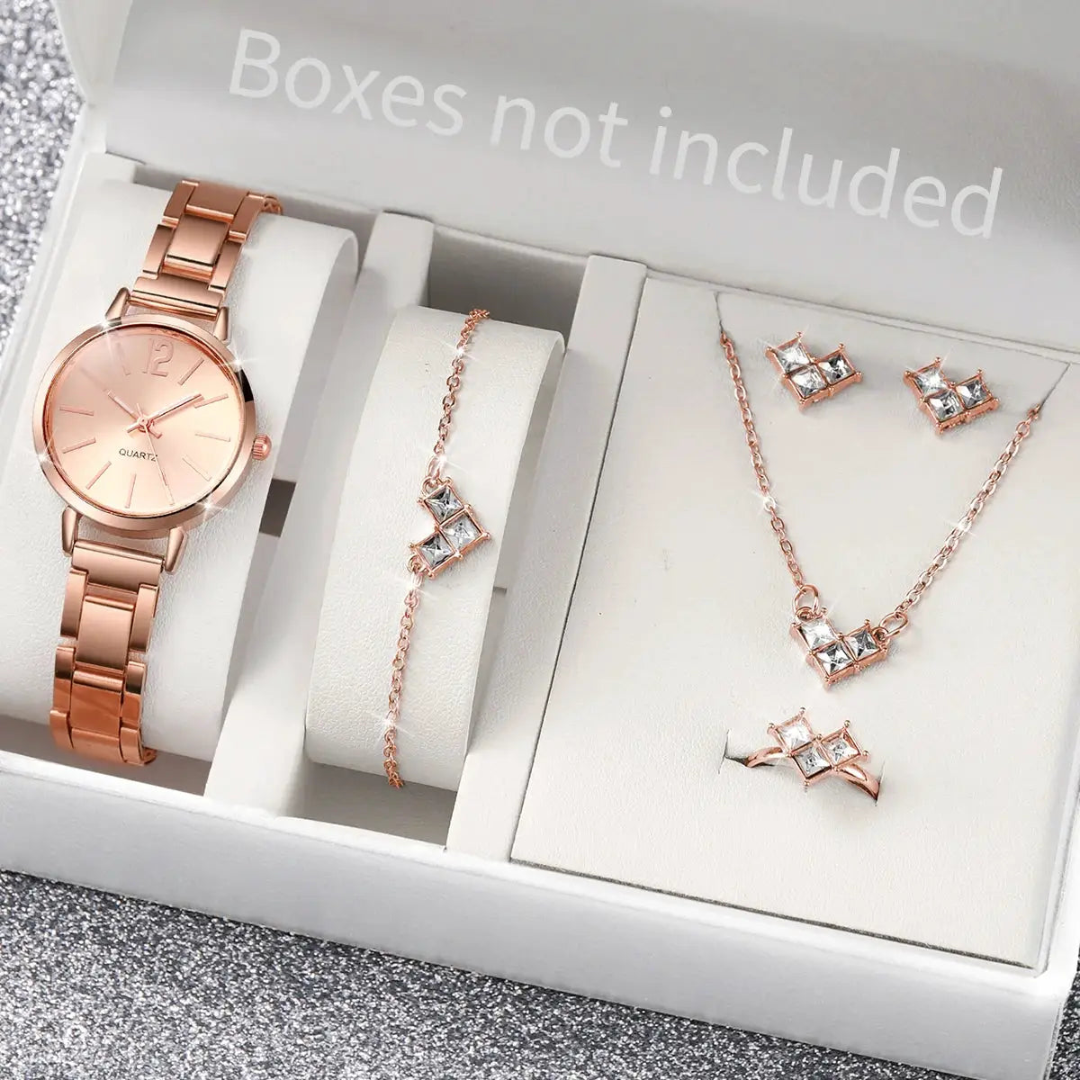 6-piece rose gold women's quartz watch set with stainless steel band and matching earrings, bracelet, and necklace.