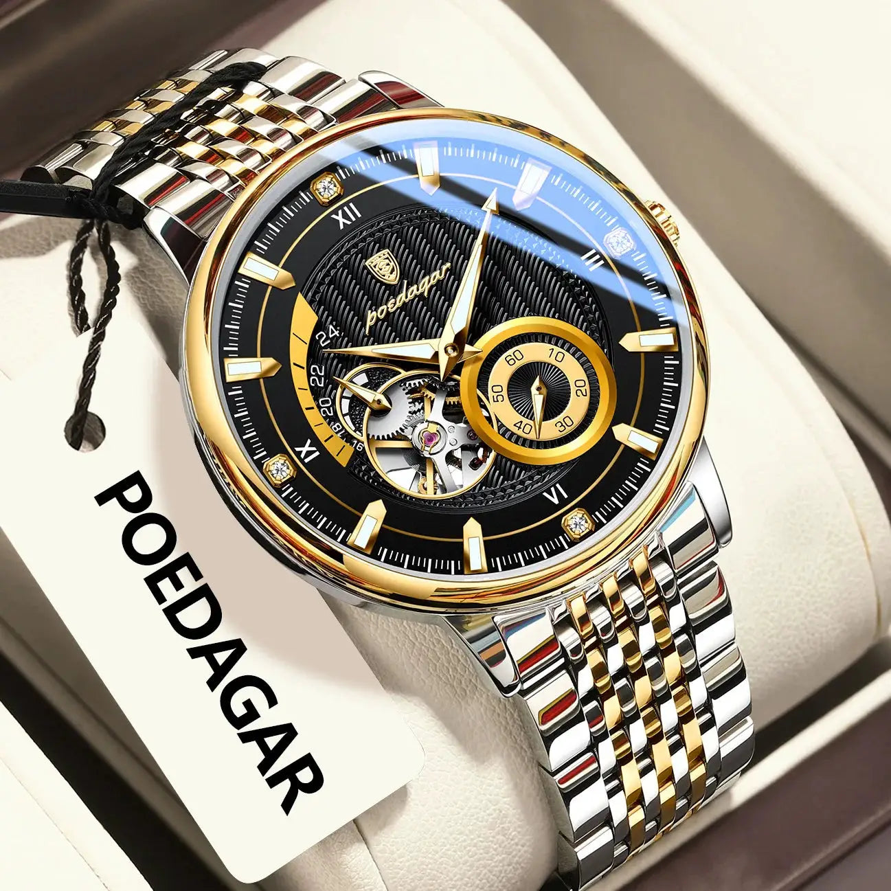 POEDAGAR luxury two-tone stainless steel men's wristwatch with skeleton dial and luminous hands