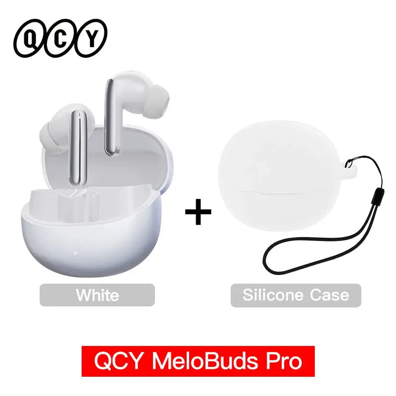 QCY MeloBuds Pro white ANC wireless earphones with charging case and silicone case (2 items)