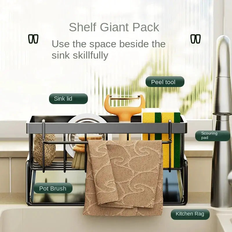 Simples Market stainless steel kitchen dish rack over sink with sponge drain tray and dishcloth storage