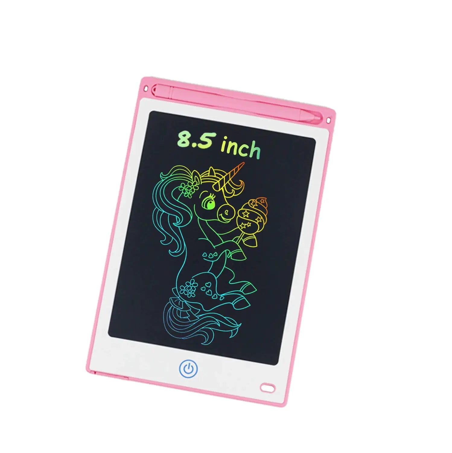 Simples Market 8.5-inch LCD drawing tablet for kids, pink frame with stylus, rainbow unicorn doodle on screen
