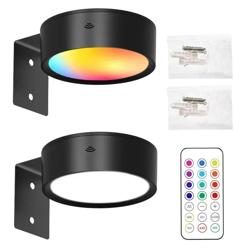 Simples Market LED wall picture lights set; black cylindrical sconces with remote, 13-color RGB, battery powered