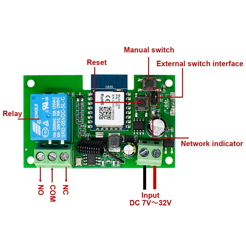 Simples Market WiFi smart garage gate relay module on a green PCB with blue relay and labeled input 7V~32V