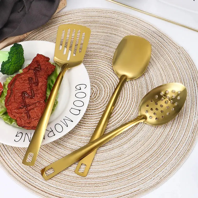 Two And Six Piece Stainless Steel Kitchenware Set Korean Golden Design Soup Spoon Colander Hot Pot Spoon Frying Spoon