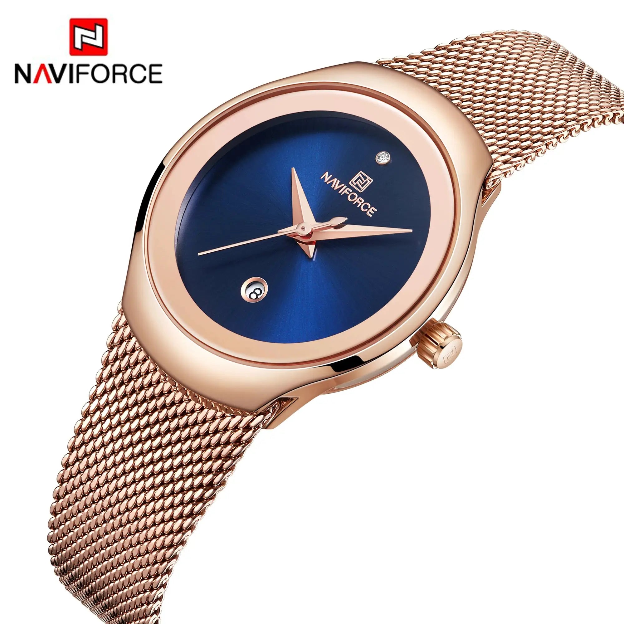 Naviforce women's rose-gold watch with blue dial and mesh bracelet