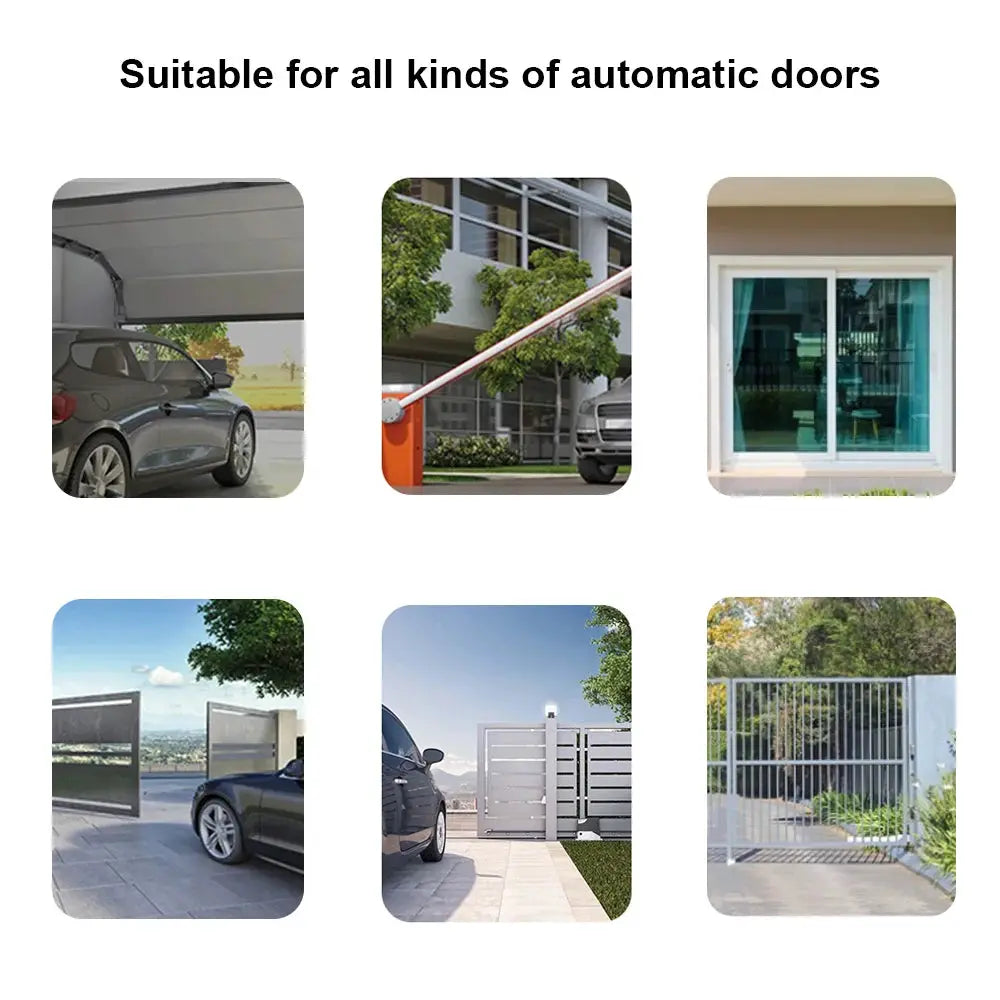 WIFI smart garage gate motor switch with RF433 remote, supports DC12V/24V/AC220V and 1/2CH pulse relay; six door setups shown
