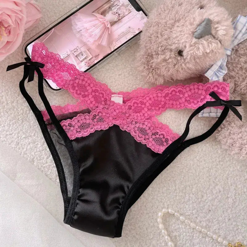 Cross belt lace thong underwear: black satin with pink lace trim, low waist, bow side ribbons