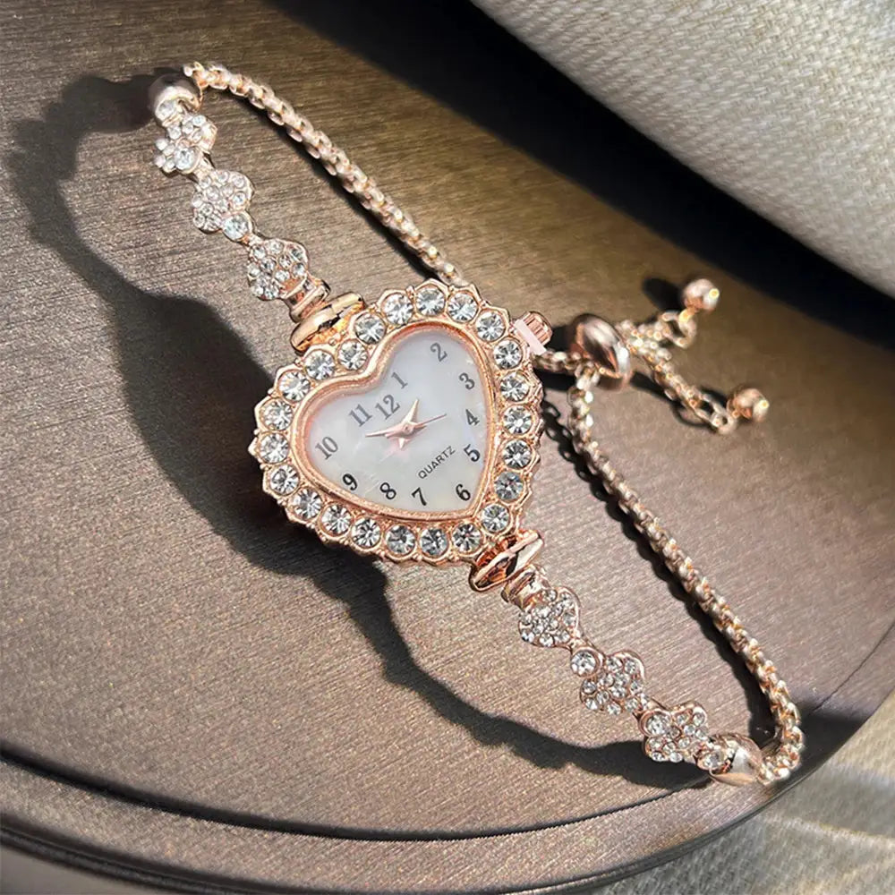 LuxeTime Heart Shaped Diamond Studded Flower Watch With Ribbon Strap Adjustable Bracelet For Women