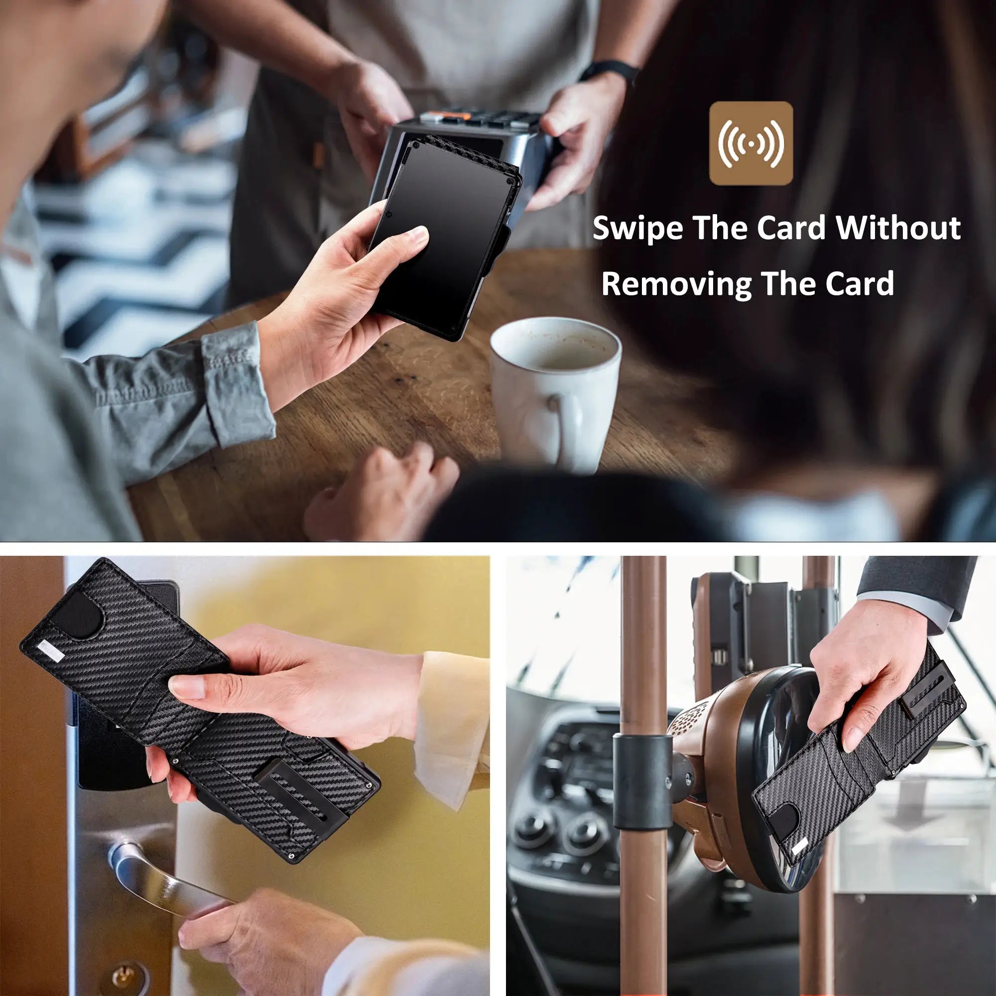 Men's minimalist wallet with carbon fiber texture, slim 9–13 card capacity, money clip and RFID blocking