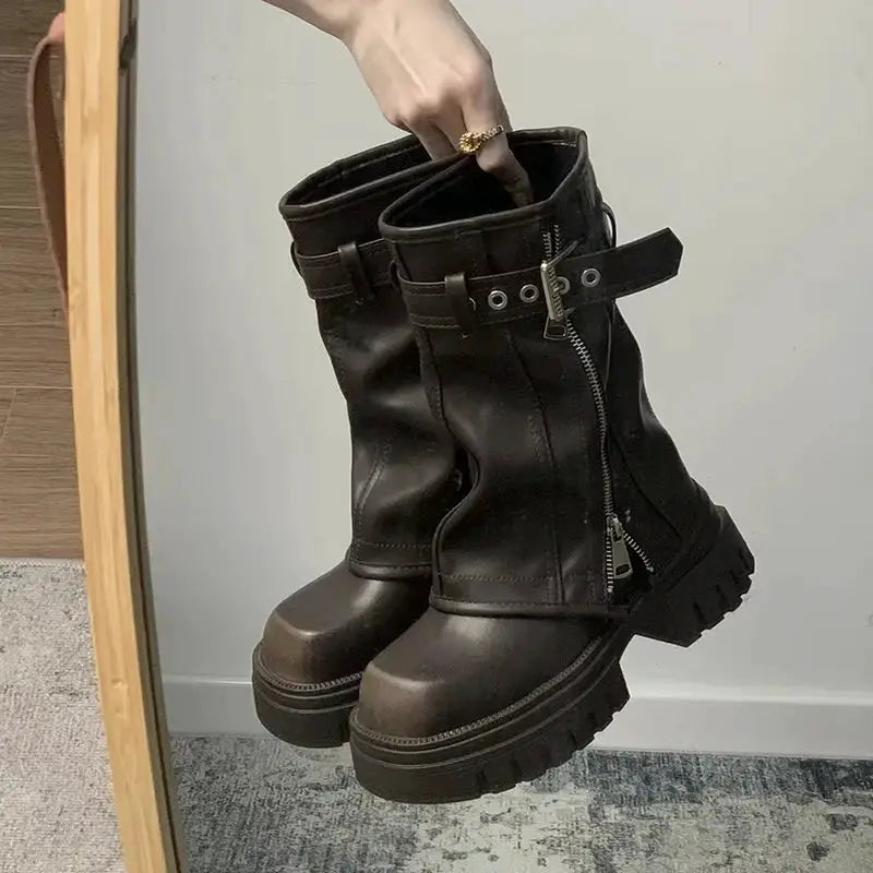 NovaPulse Winter Women Biker Boots With Belt Buckle And Platform Sole For Trendy Casual Style