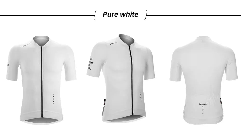 DAREVIE white cycling jersey; front, side and back views, breathable quick-dry fabric for men's small size