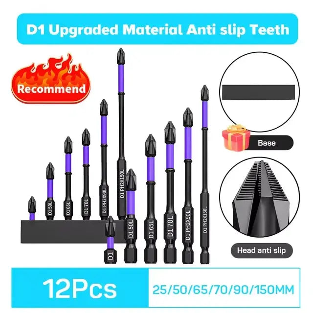 Magnetic Screwdriver Bits Set 6 And 12 Pack Non Slip Shockproof Phillips Hex Shank Alloy Steel For Power Tools