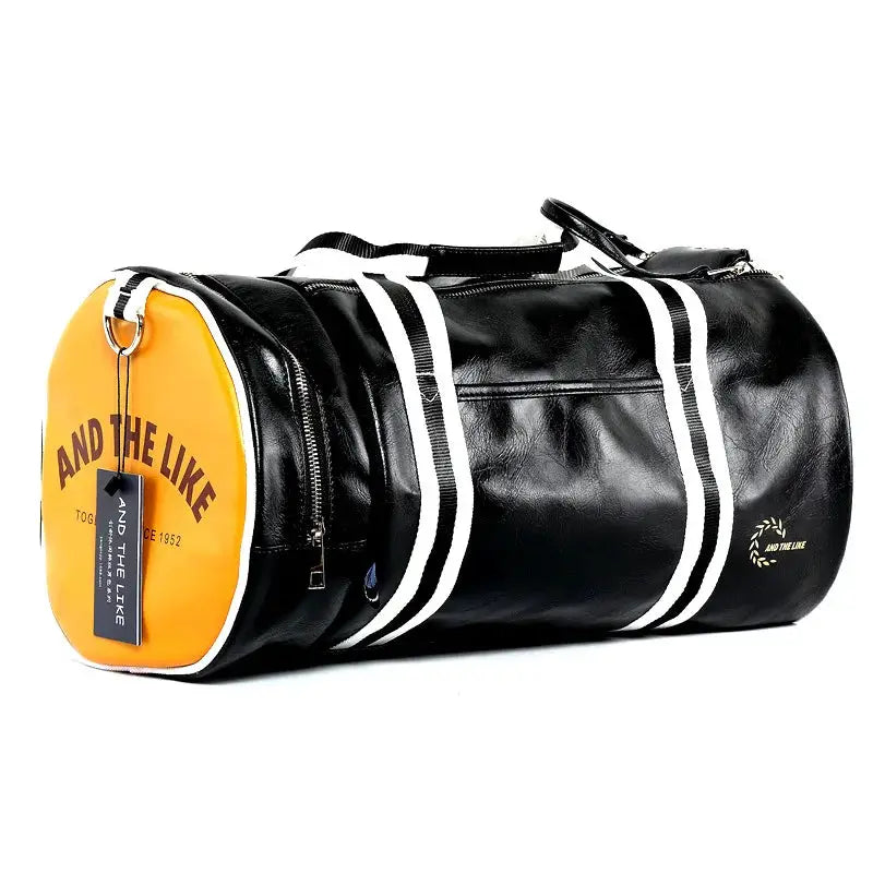 Sport gym bag duffel in black faux leather with yellow end panel and white striped handles, Simples Market