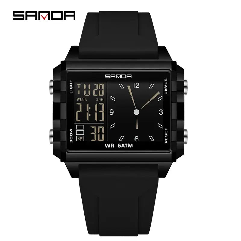 SANDA square dual-time wristwatch with digital-analog display, black, 5ATM water resistant