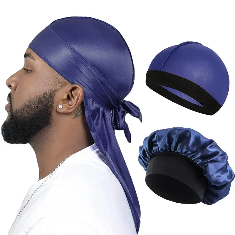 3 Pack Mens Silky Satin Durag Long Tail Pirate Hat Wave Cap Unisex Wig Cap Turban Bonnet Set