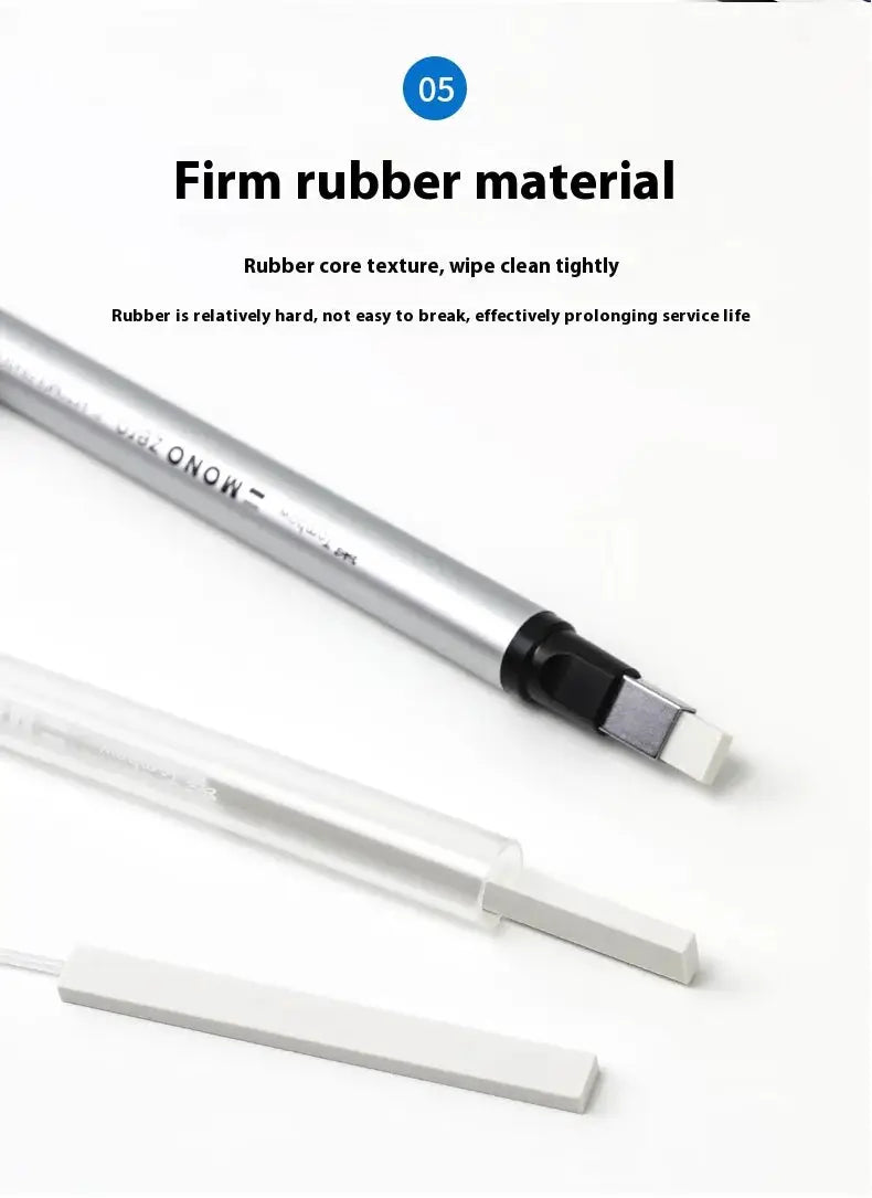 Tombow precision refillable eraser pen with silver metal tip and two white eraser bars