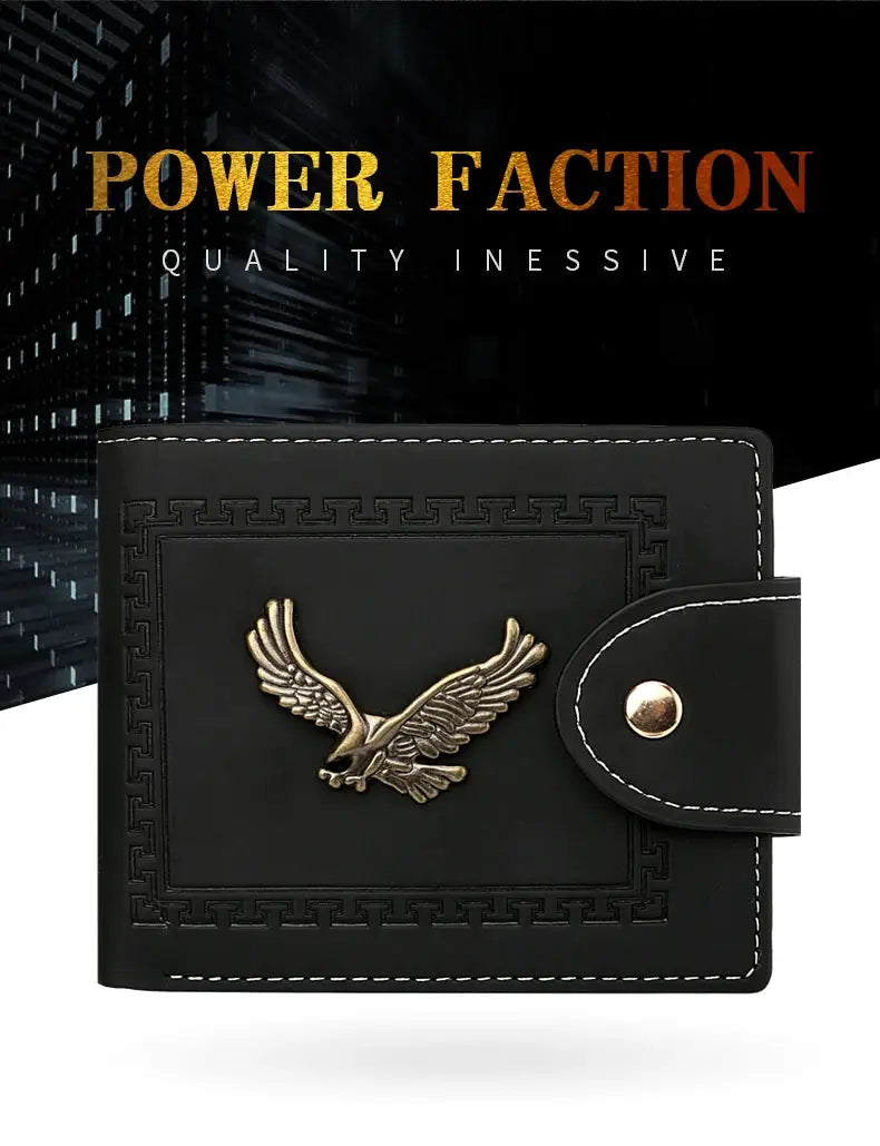 Men's PU leather short wallet with gold eagle emblem, black with white stitching and snap strap
