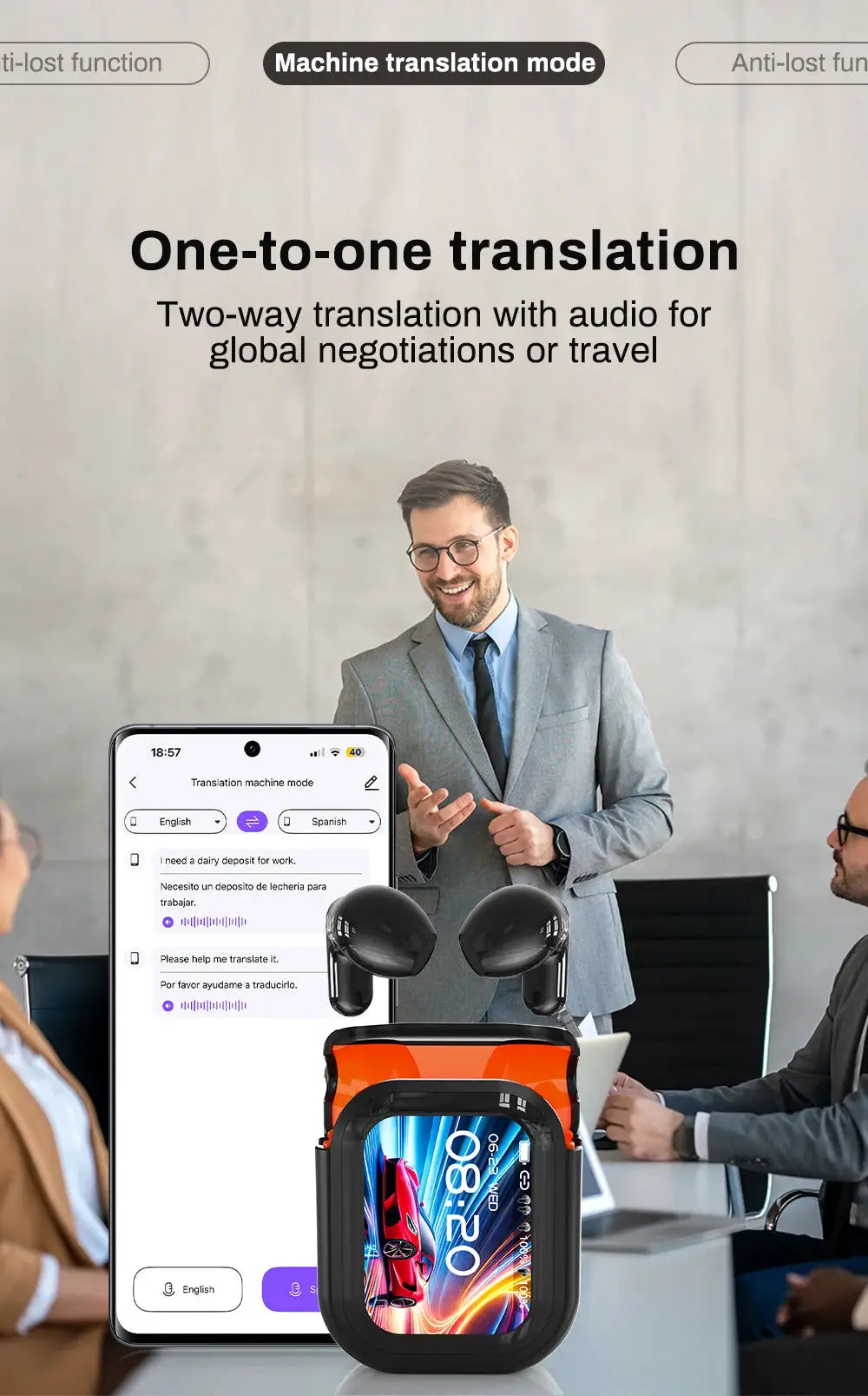 HTC NE20 translator earphones with Bluetooth 6.0; two devices: black wireless earbuds and orange translator device