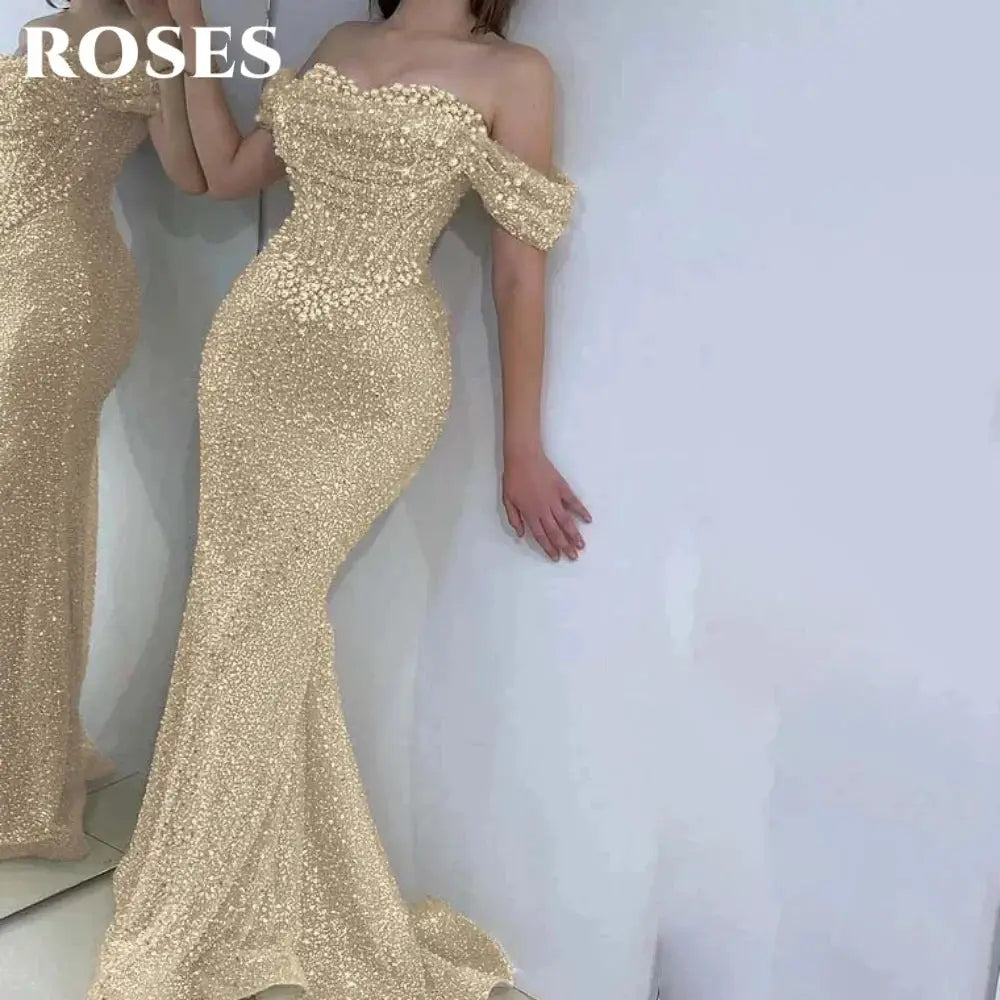 Roses Pearl Prom Dress Sweetheart Off Shoulder Gown With Sequins