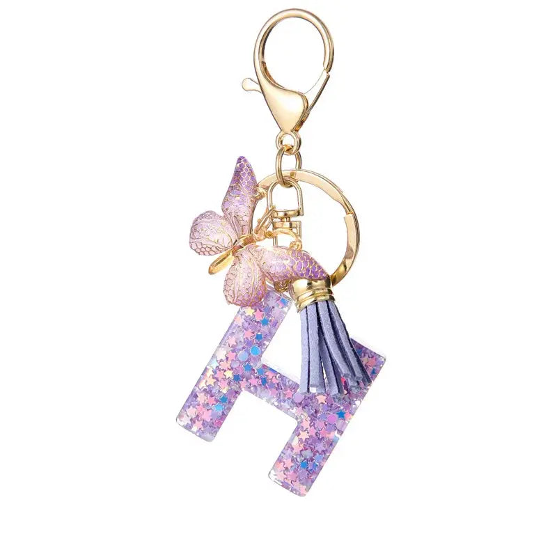 Sequin Letters Keychain For Women With Tassel Butterfly Pendant Initial Key Ring Purse Charm Car Key Chain Accessories