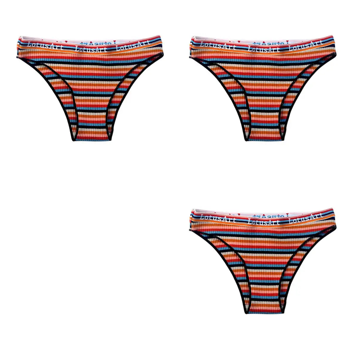 3-piece set of colorful striped cotton panties for women; low-rise bikini briefs with LotusArt waistband
