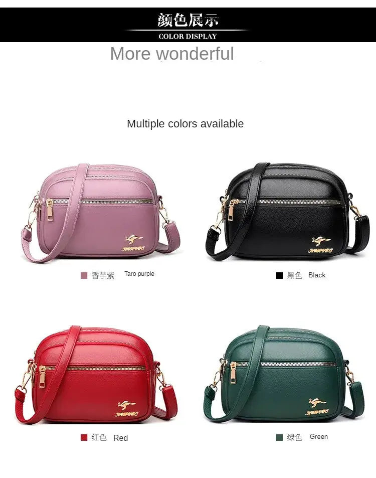 Simples Market soft leather shoulder bag with multi-pocket design; four colors: pink, black, red, green.