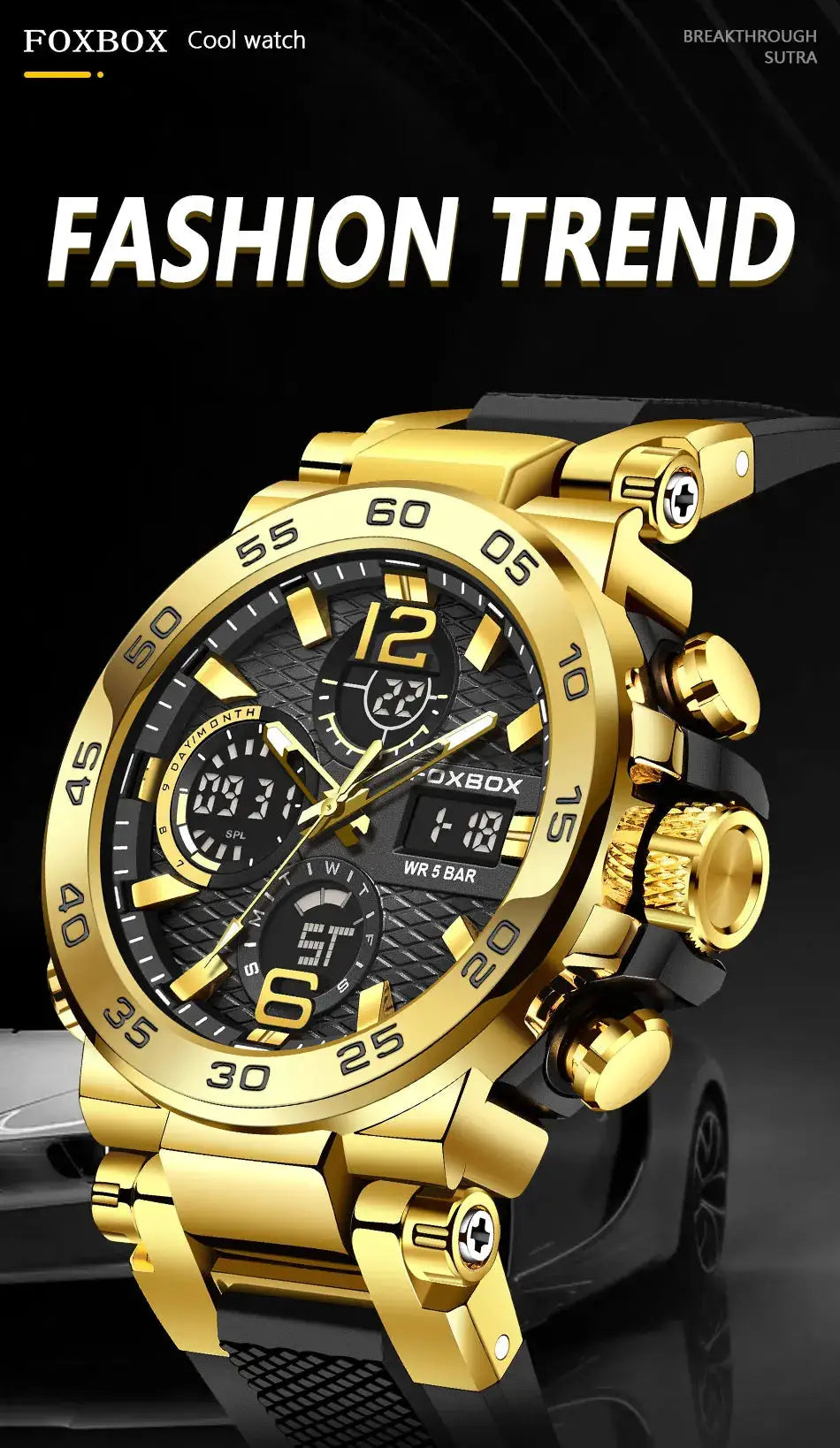 FOXBOX Sport men's gold-tone chronograph watch with black dial, digital-analog display, luminous hands, and black strap.