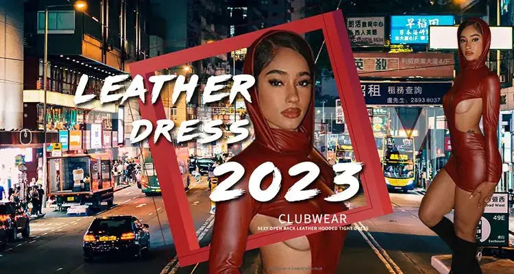 Leather dresses fashion ad with two models in red leather outfits on a neon city street backdrop
