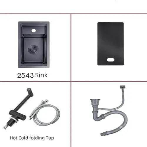 Black kitchen sink kit 2543, 4-piece Simples Market concealed single-bowl set with cover panel, folding tap, and drain.