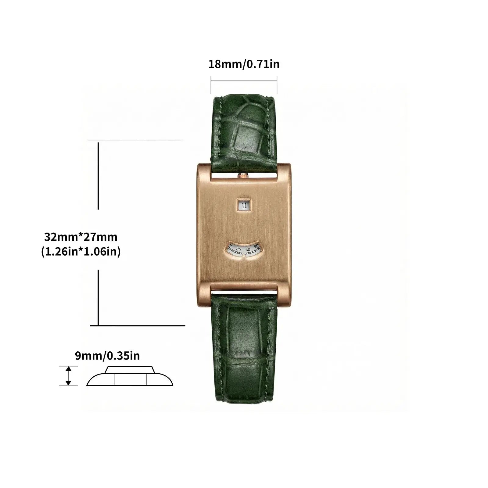 Men's square tank watch with green crocodile-embossed strap and rose-gold case, automatic mechanical movement