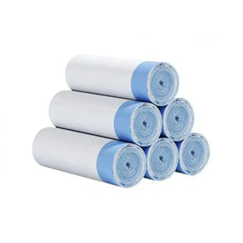 6 rolls of thick white trash bag liners with blue ends, tear-off drawstring trash can liners