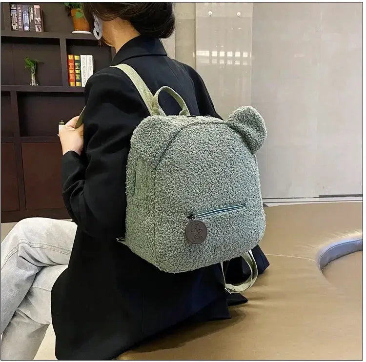 Cute bear-ear fleece small backpack in sage green with front zip pocket