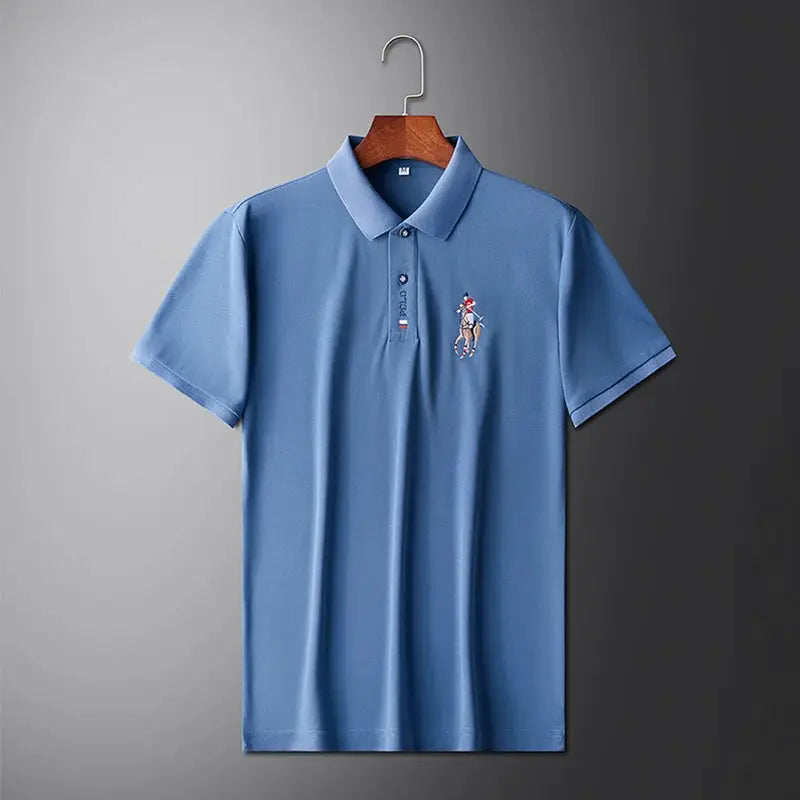 Men's blue polo shirt with short sleeves and embroidered chest logo